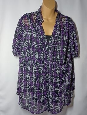 AB Studio Women 3X Ruffle Neck Chest Lined Button Down Sheer Blouse Career Party